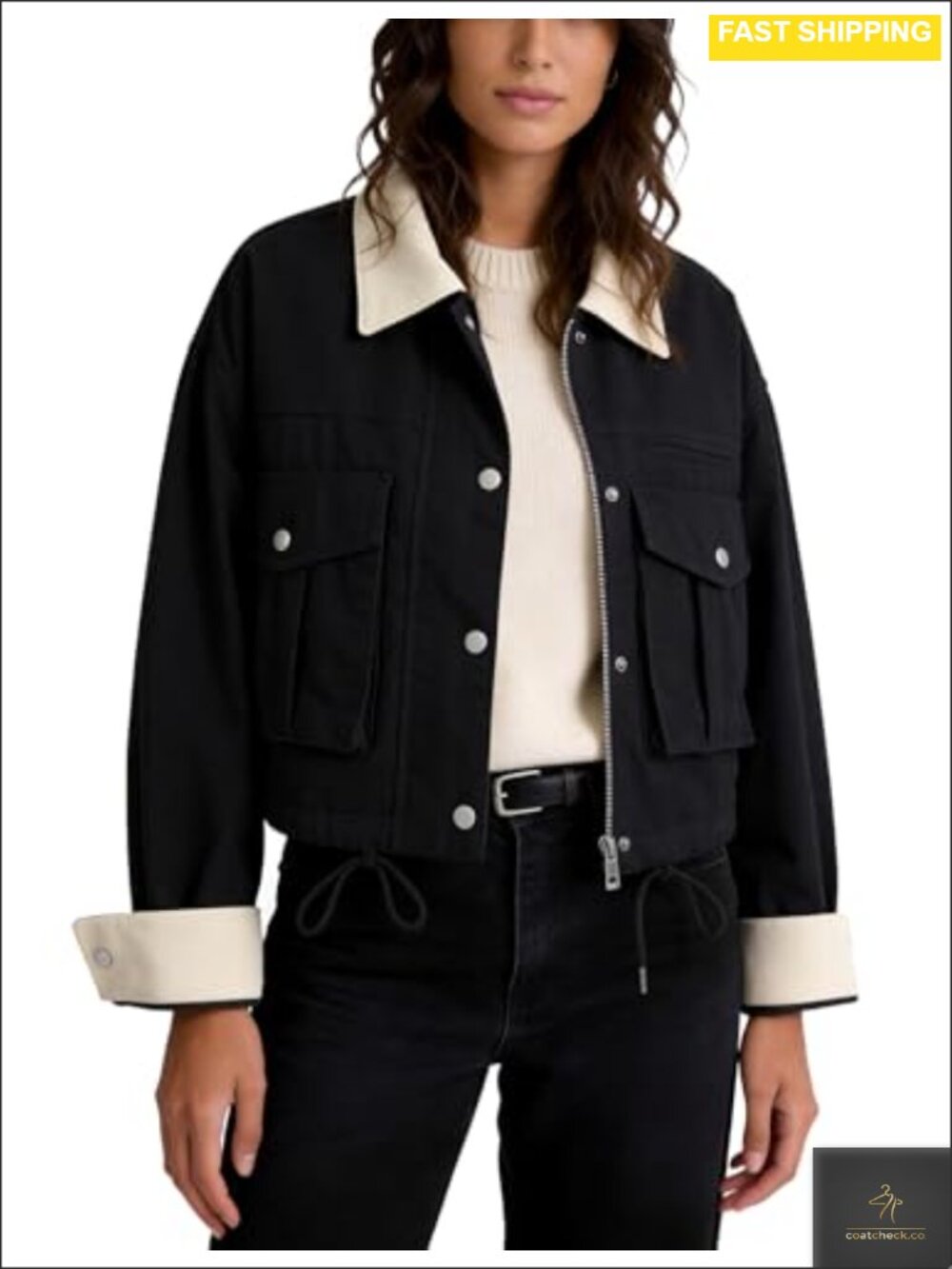 Flygo Cropped Cotton Canvas Barn Jacket Contrast Collar Zip Utility Coat